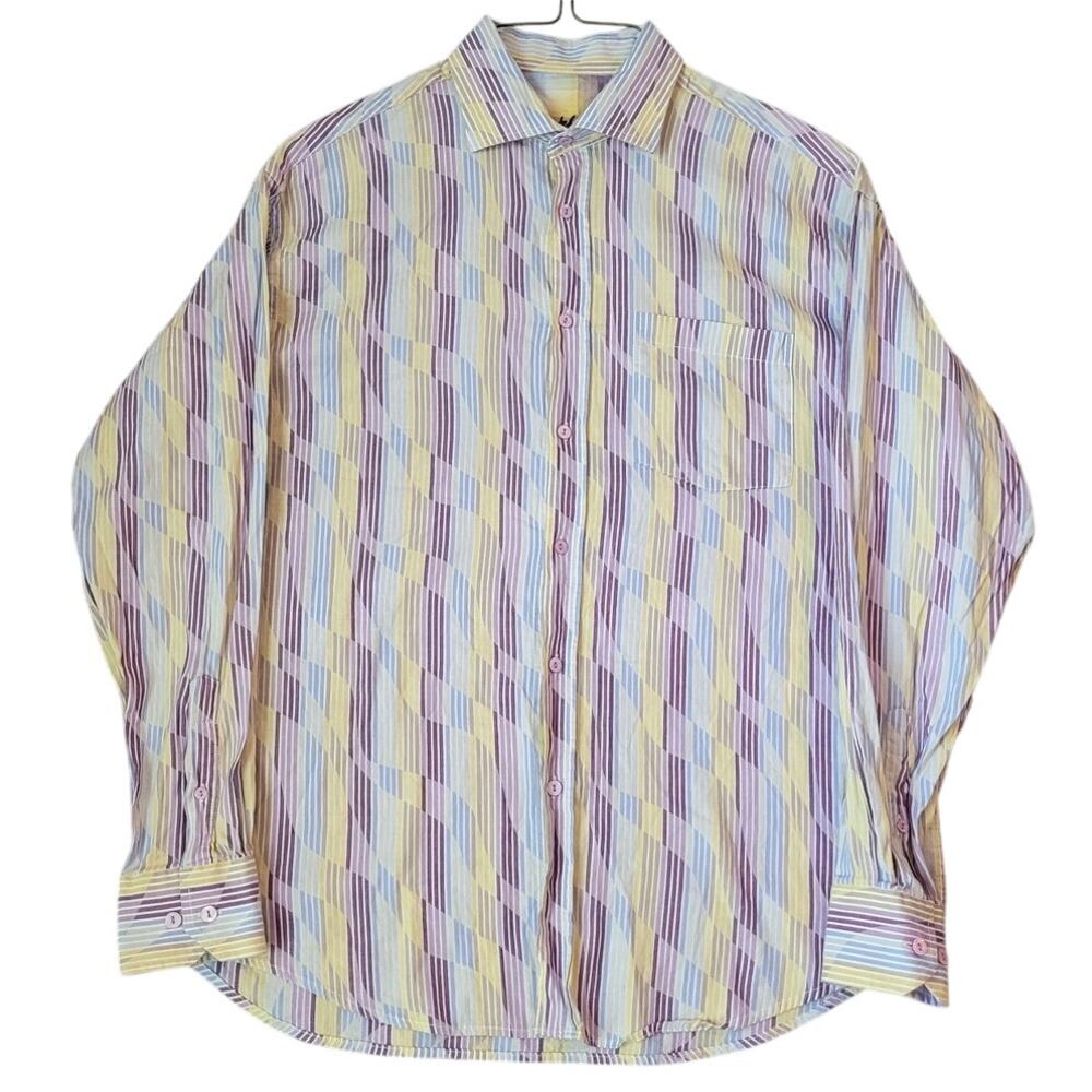 Mens Lg Bugatchi UOMO Classic fit 100% Cotton Button Up Long Slv Shirt Colorful